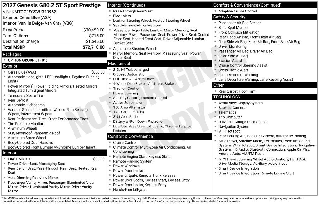2027 Genesis G80 2.5T Sport Prestige