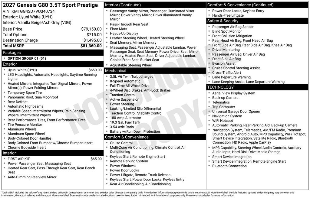 2027 Genesis G80 3.5T Sport Prestige