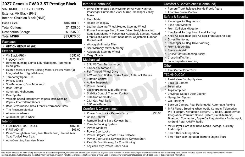 2027 Genesis GV80 3.5T Prestige Black