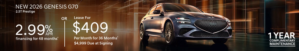 2026 Genesis G70 offer with 2.99% APR or $409 lease in Baton Rouge, LA.