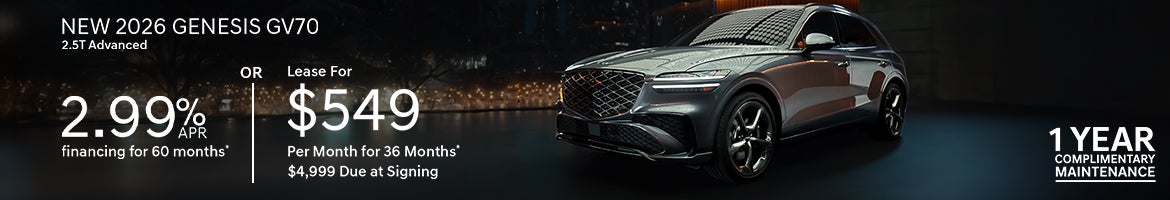 2026 Genesis GV70 offer with 2.99% APR or $549 lease in Baton Rouge, LA.