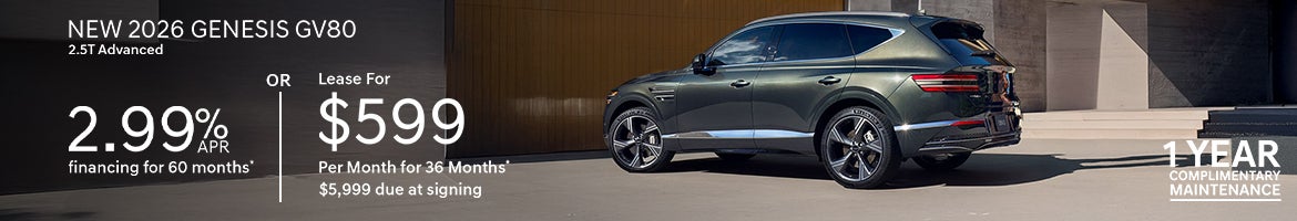 2026 Genesis GV80 offer with 2.99% APR or $599 lease in Baton Rouge, LA.